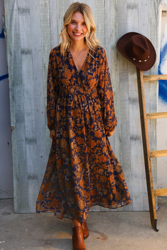 Stunning In Chiffon Floral Smocked Ruffle Sleeve Lined Midi Dress